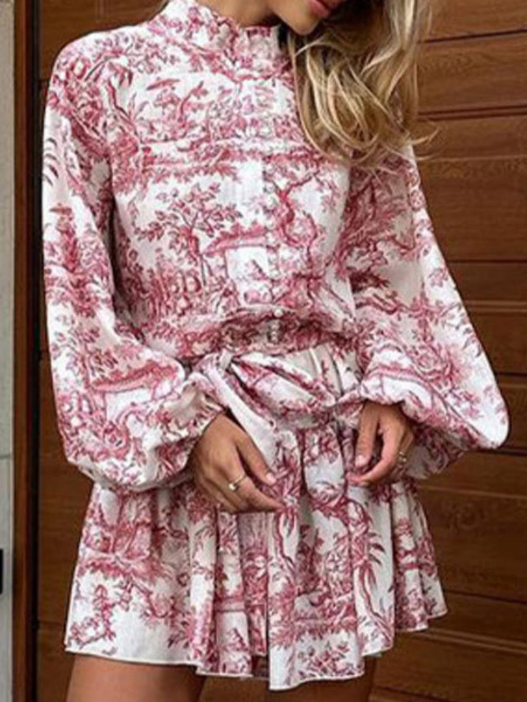 Printed Stand-up Collar Tie Balloon Sleeve Mini&Short Dresses