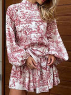 Printed Stand-up Collar Tie Balloon Sleeve Mini&Short Dresses