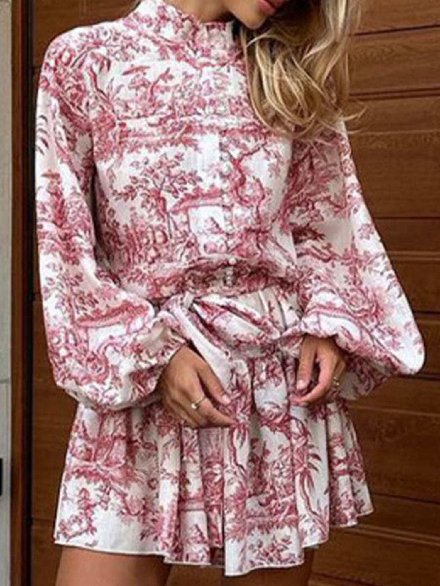 Printed Stand-up Collar Tie Balloon Sleeve Mini&Short Dresses