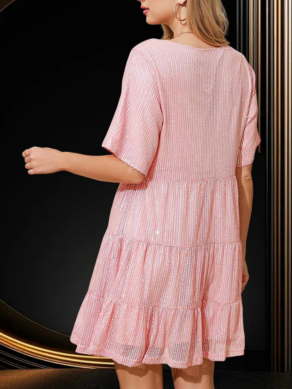 Sequins Pleated Multi-story Crew Neck Short Sleeve Mini&Short Dresses