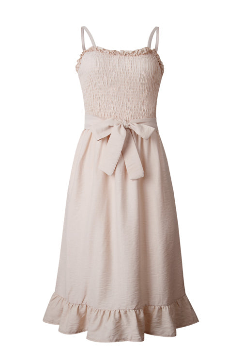 Smocked Bodice Wide Strap Tie Waist Ruffle Hem Midi Dress