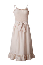 Smocked Bodice Wide Strap Tie Waist Ruffle Hem Midi Dress