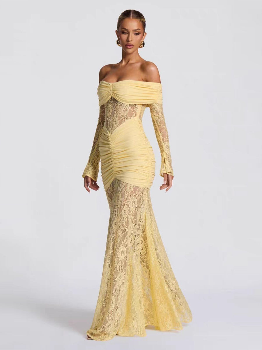 Off Shoulder Hollow Lace Splicing Long Sleeve Hip-hugging Maxi Dresses