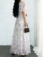 Floral Lotus Leaf Sleeves Sweetheart Collar Vacation And Leisure Maxi Dresses