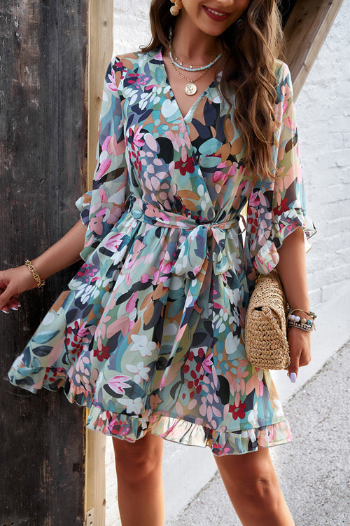 Floral Print Wrap V-Neck Three Quarter Sleeve Tie Waist Ruffle Hem Mini Dress