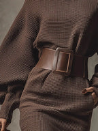 Brown Asymmetrical Batwing Sleeves With A Belted Pullover Mini&Short Dresses
