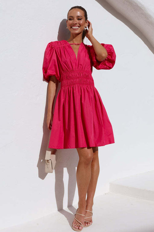 Deep V-Neck Bar Strap Puff Sleeve Smocked Waist Flared Mini Dress