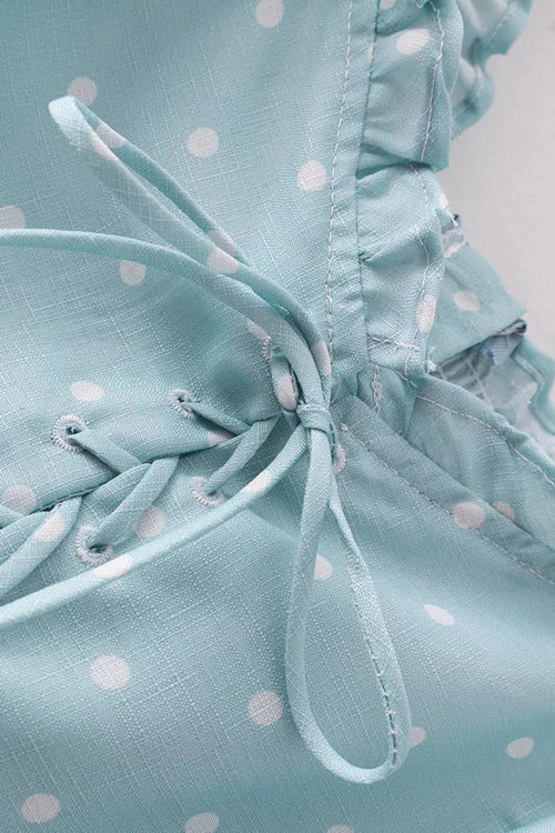 Polka Dot Sweetheart Tie Front Puff Sleeve Ruffle Trim Mini Dress