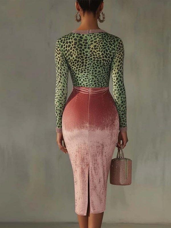 Women's Leopard Print Color-blocked Gold Velvet Spliced Stretch Slim-fit High-waisted Long Dress
