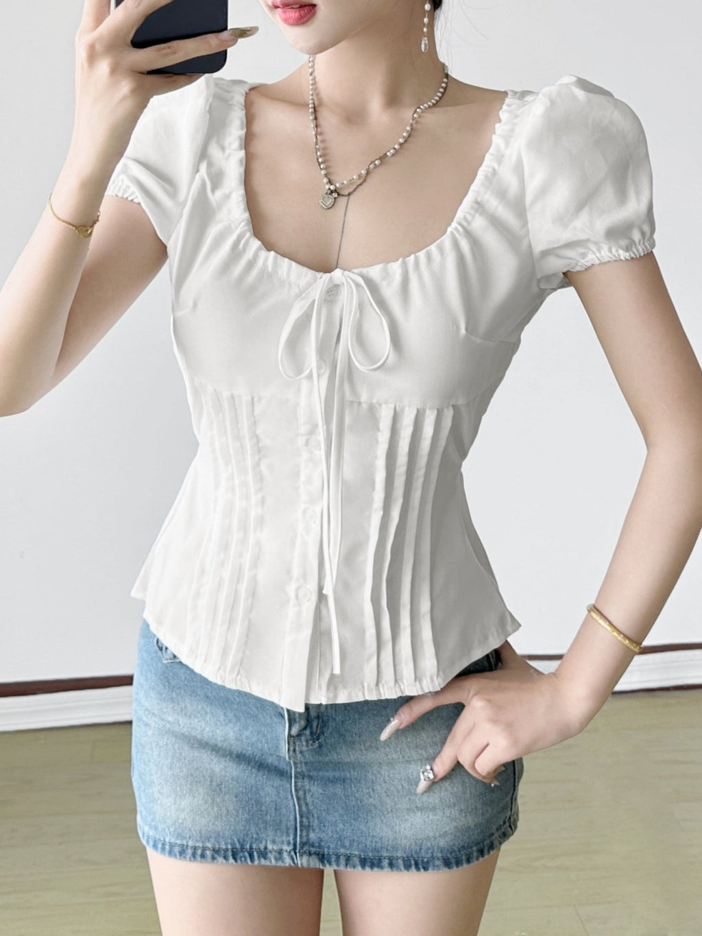Bow Tie Puff Sleeve Waist Shaping T-shirts