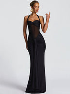Neckband Lace Up Mesh Formal Dress Maxi Dresses
