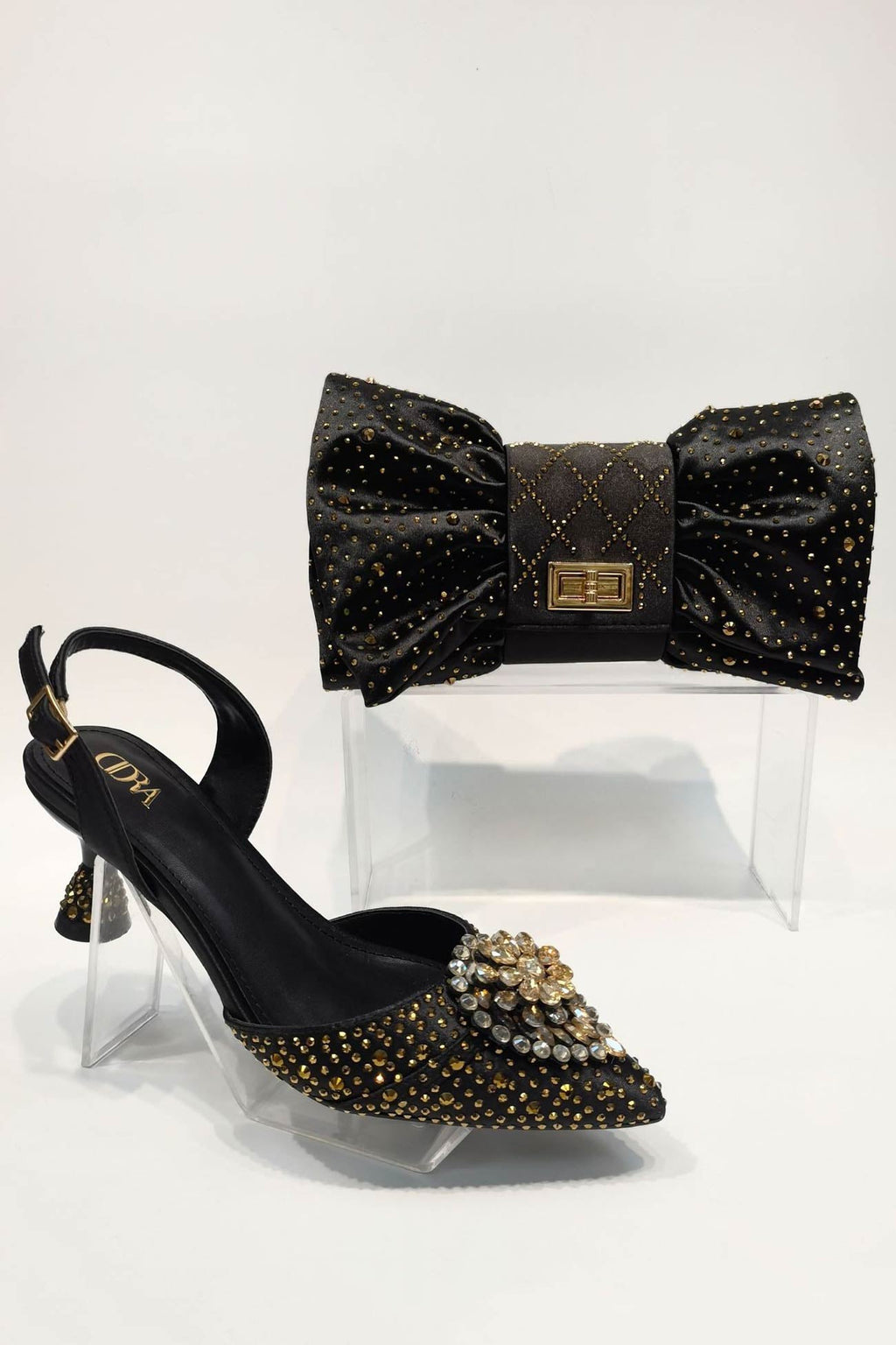 Pointed Rhinestone High Heels With Bow Hand Bag