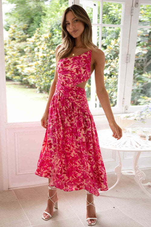 One-Shoulder Ruched Side Cutout High Slit Floral Midi Dress
