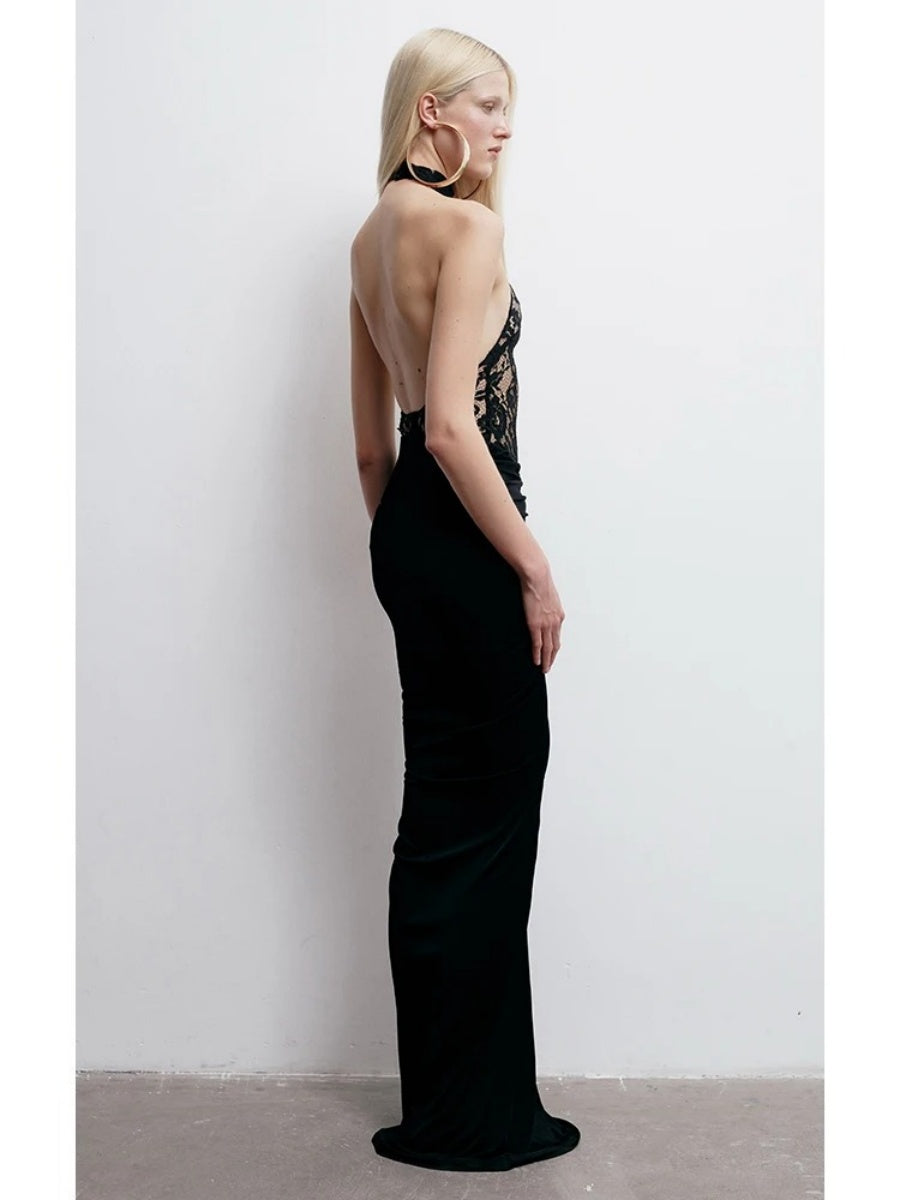 Lace Halter Black Sexy Backless Formal Dress Banquet Parties Maxi Dresses