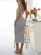 Strapless Ribbed Knit Striped Faux Two Piece Cutout Midi Dress