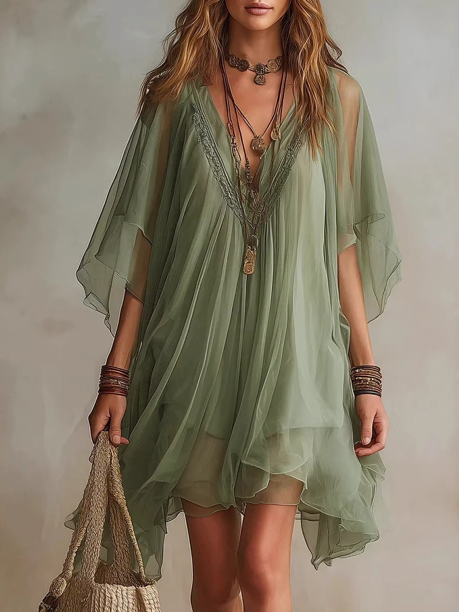 V-neck Chiffon Loose-fit Beach Cover-up Dress Mini&Short Dresses