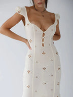 Floral Eyelet Keyhole Scoop Neck Cap Sleeve Trumpet Midi Dress