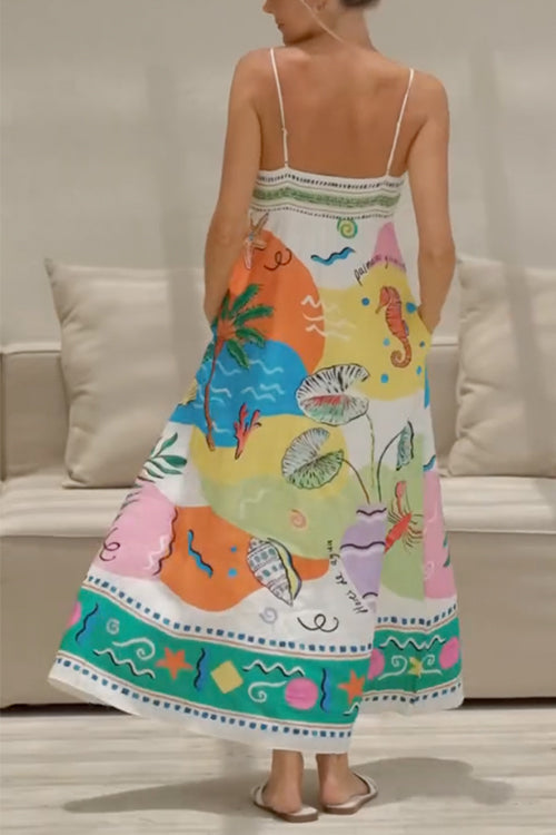 Spaghetti Strap High Waist Tropic Print Maxi Holiday Dress
