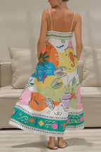 Spaghetti Strap High Waist Tropic Print Maxi Holiday Dress