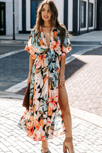 Large Scale Floral Print Deep V-Neck Flutter Sleeve High Split Maxi Dress