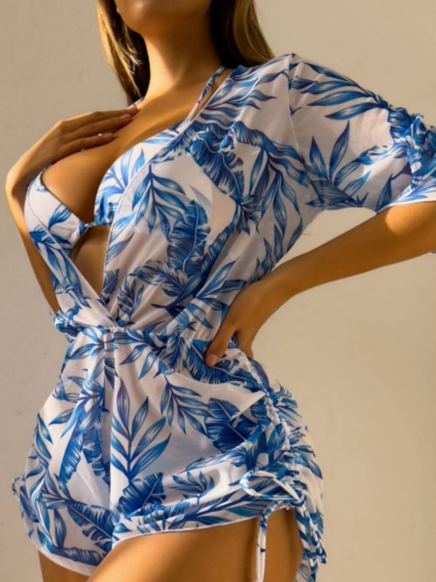 Leaf Print Waist-cinching Tie Long-sleeved Sun Protection Bikini Three-Piece Set