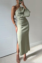 One Shoulder Bell Sleeve Side Slit Maxi Dress