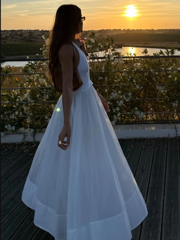 Deep V-Neck Sleeveless Button Vest Pleated Hem Maxi Skirt Set