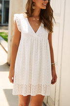 V-Neck Eyelet Lace Flutter Sleeve Pocket Babydoll Mini Dress