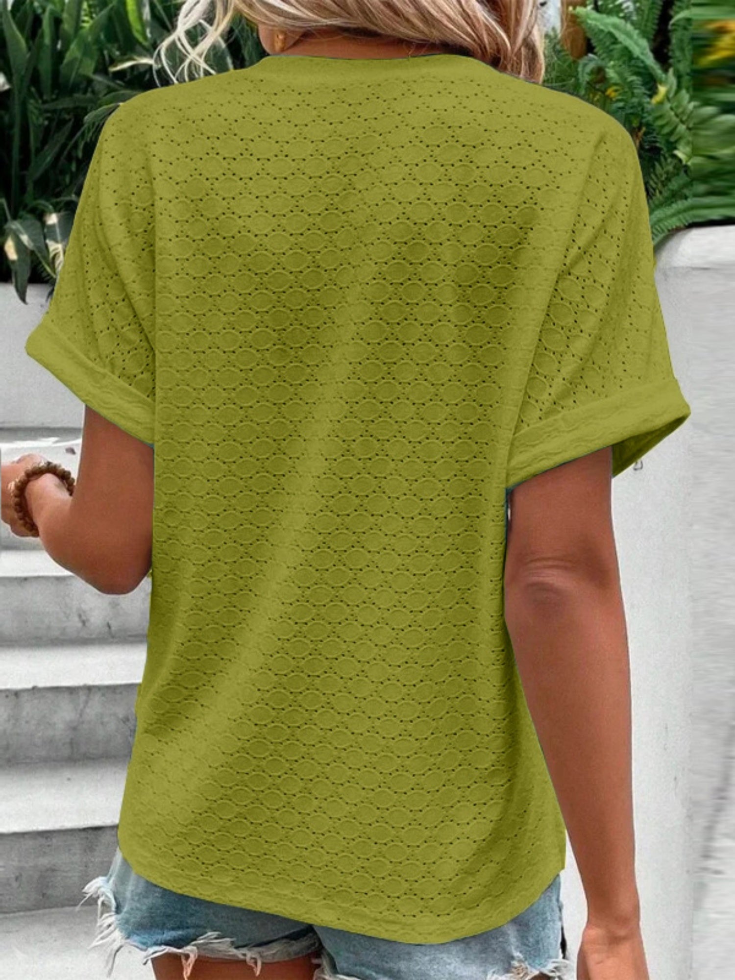 Knitting Buttons V-neck Short Sleeve T-shirts
