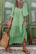 Geometric Lattice Print V-Neck Puff Sleeve Tiered Maxi Dress