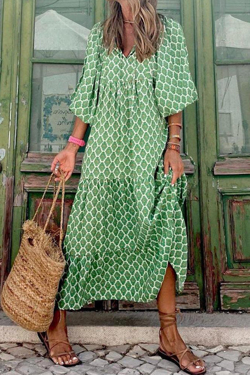 Geometric Lattice Print V-Neck Puff Sleeve Tiered Maxi Dress