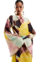 Mila Chic Ultra Long Dress with Abstract Watercolor Print Boutique Collection