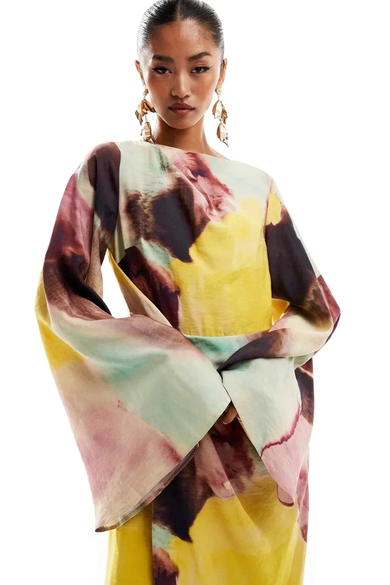 Mila Chic Ultra Long Dress with Abstract Watercolor Print Boutique Collection