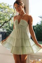 Halter Neck Ruched Tiered Ruffle Hem Mini Dress
