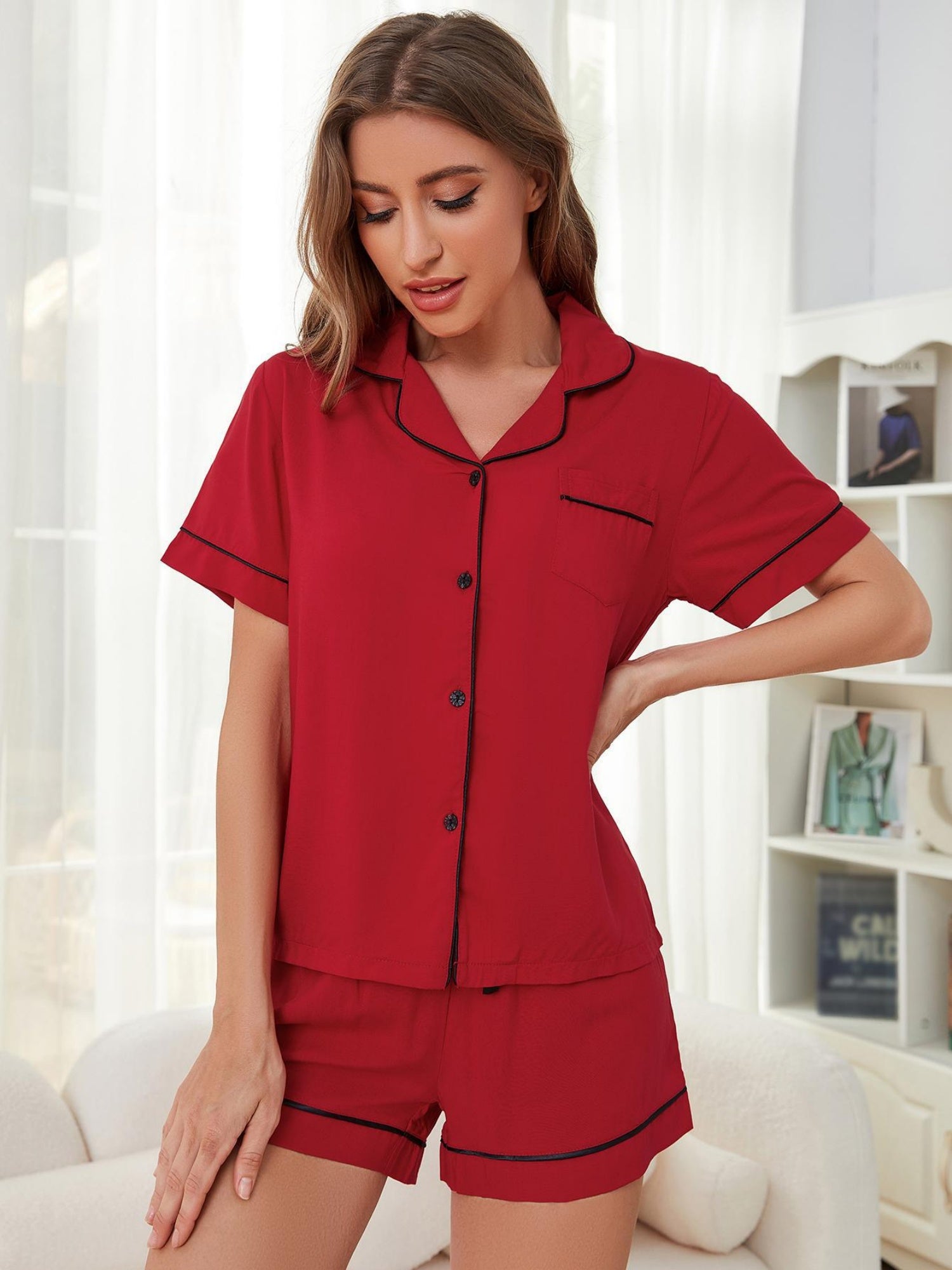 Solid Color Trim Short Sleeves And Shorts Two-piece Loungewear Set