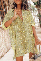 Print Button Front Roll Sleeve Shirt Mini Dress