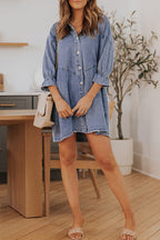 Denim Button Front Chevron Yoke Ruffle Cuff Shirt Mini Dress