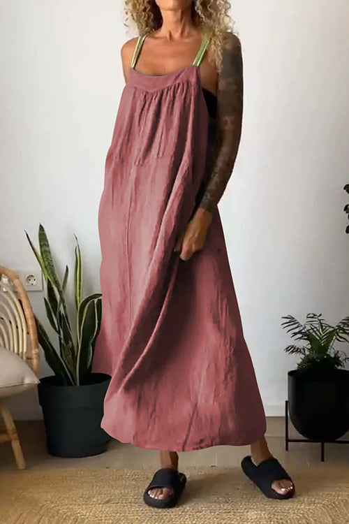 Color Block Casual Cotton Linen Maxi Beach Dress