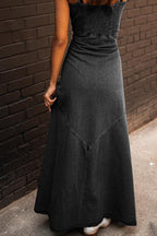 Denim Spaghetti Strap Button Front Pocket High Split Maxi Dress