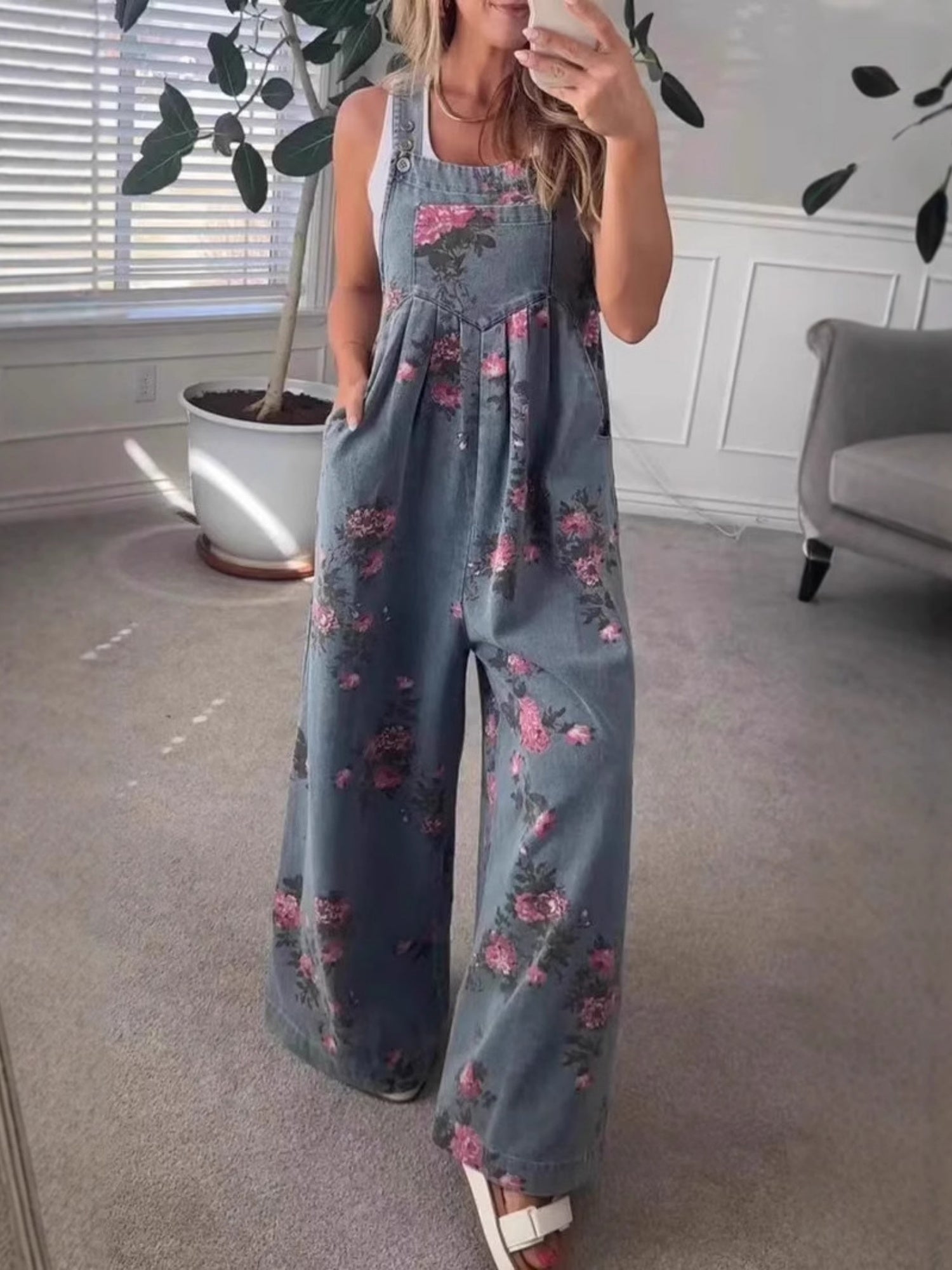 Denim Floral Print Pocket Sleeveless Suspenders Long Jumpsuit