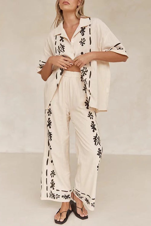 Cotton Linen Short Sleeves Button Down Shirt Elastic Waist Wide Leg Pants Printed Set