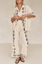 Cotton Linen Short Sleeves Button Down Shirt Elastic Waist Wide Leg Pants Printed Set