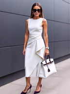 Waist-cinching Sleeveless Asymmetrical Midi Dress