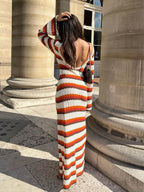 Crew Neck Wavy Stripe Bell Sleeve Knit Maxi Dress