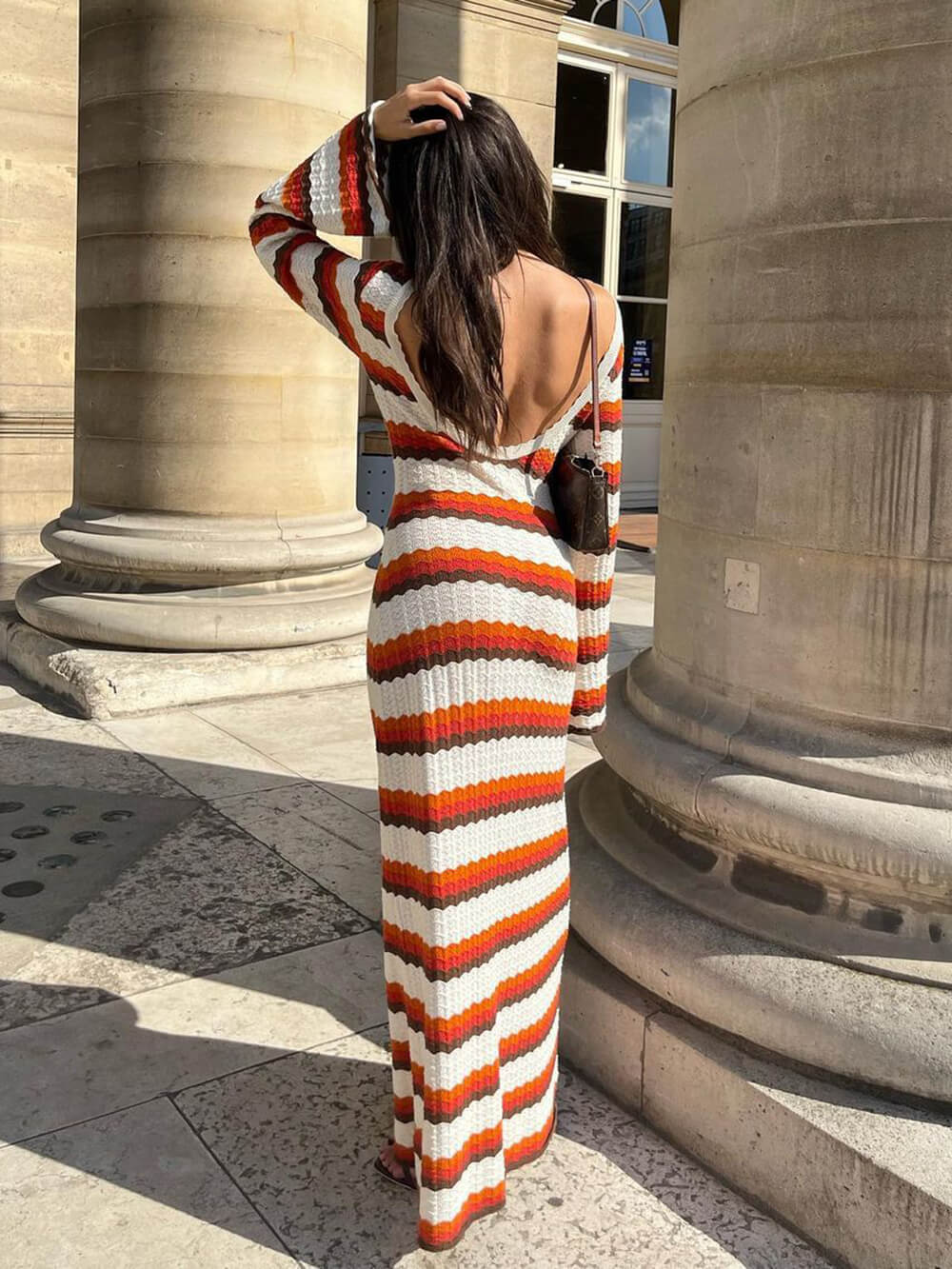 Crew Neck Wavy Stripe Bell Sleeve Knit Maxi Dress