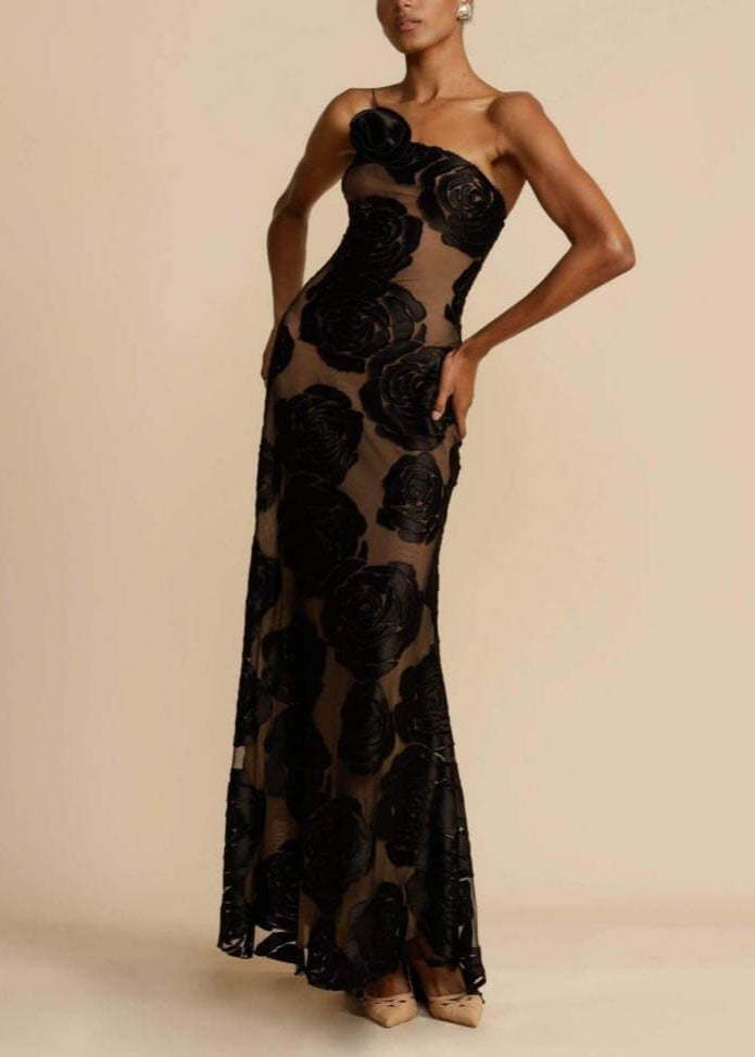 One Shoulder 3D Floral Applique Velvet Burnout Mesh Column Maxi Gown