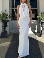 Halter Hollow Splicing Lace Sexy Slit Maxi Dresses