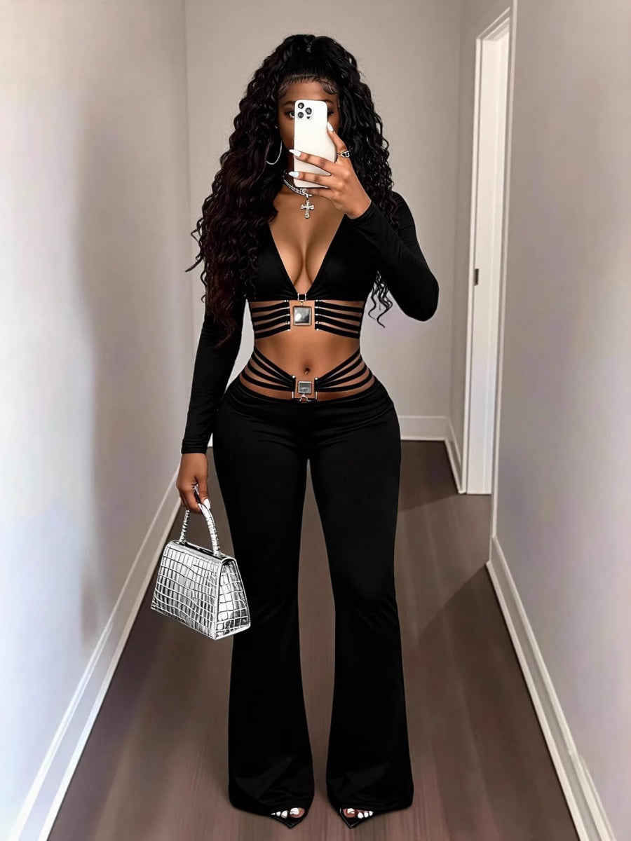 String Decoration Rhinestones Buttock Lift Bell-bottoms Stretch Pants