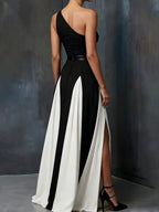 Sloping Shoulders Black And White Color Blocking Slit Temperament Maxi Dresses