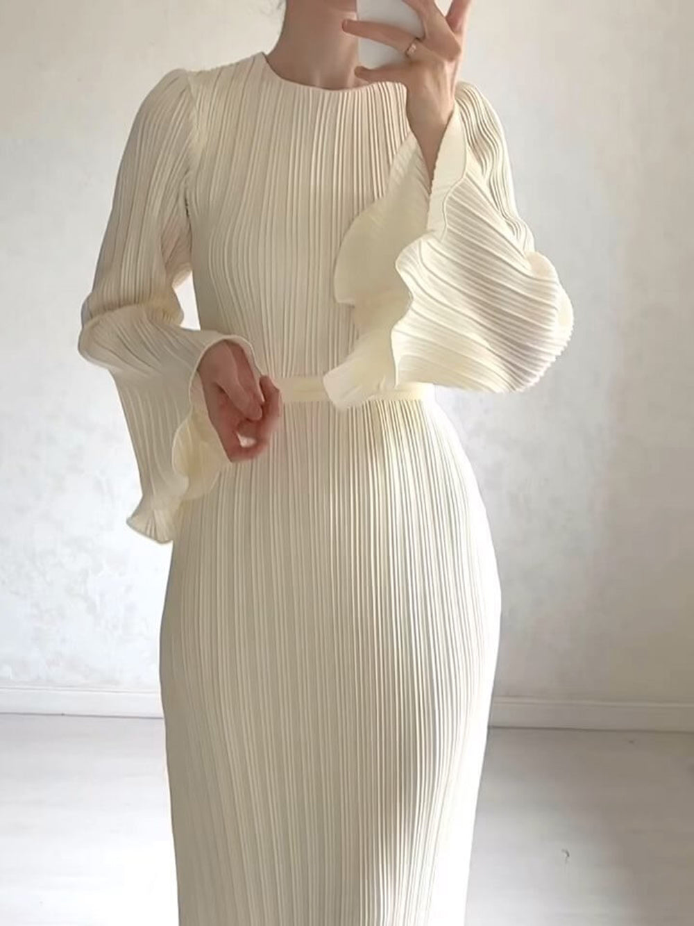 Pleated Bell Sleeve Round Neck Smocked Waist Maxi Dress